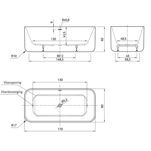 Xenz Xenz Fenna Vrijstaand bad 170x80x60 Cement met sleuf overloop, incl click-waste Geborsteld grafiet