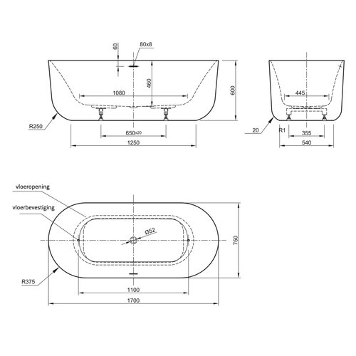 Xenz Xenz Sanne Vrijstaand bad 180x85x60 Wit met sleuf overloop, waste Chroom