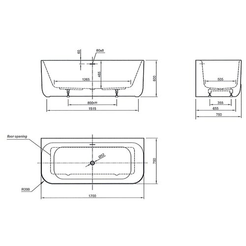 Xenz Xenz Taylor Half-vrijstaand bad 170x75 Wit met sleuf overloop, waste Chroom