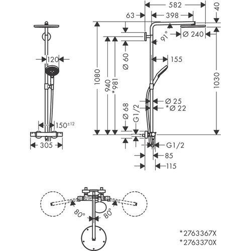 Hansgrohe Hansgrohe Raindance 240 PowderRain 1jet showerpipe: m. Ecostat Comfort douchekraan thermostatisch m. Raind. Select S 120 3jet handd. en hoofdd. 1jet brushed black chroom