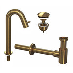 INK 5A Fonteinkraanset - staande Fonteinkraan - hoog gebogen - always open - plug en Design Sifon - Brushed mat goud INK INK 5A Fonteinkraanset - staande Fonteinkraan - hoog gebogen - always open - plug en Design Sifon - Brushed mat goud