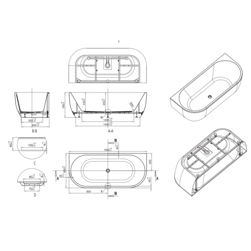 Regn Regn back-to-wall bad 180 x 80cm Inclusief waste, wit - 14005WT