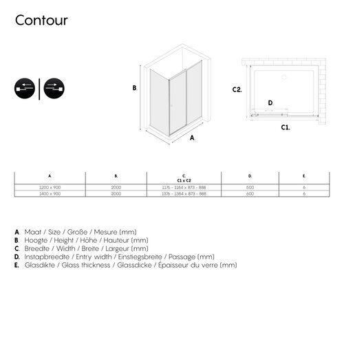 Sealskin Sealskin Contour schuifdeur met zijwand 120x90 cm, 200 cm hoog, zwart, 6 mm helder veiligheidsglas