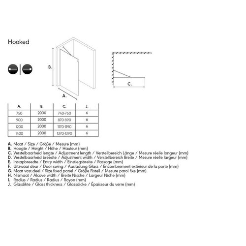 Sealskin Sealskin Hooked inloopdouche 75x200cm 6mm veiligheidsglas zilver hoogglans