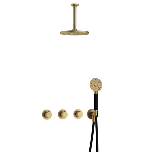 HotBath Hotbath Cobber Regendoucheset IBS70 | Geborsteld Messing | Ronde handdouche | 20cm Hoofddouche | 15cm Plafondbuis | Handouche met wandhouder