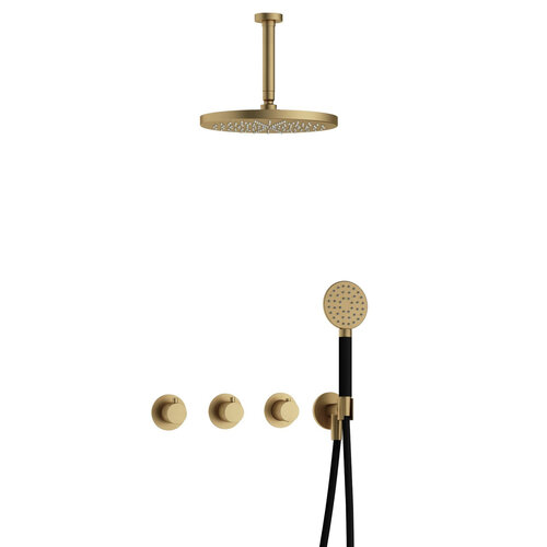 HotBath Hotbath Cobber Regendoucheset IBS70 | Geborsteld Messing | Ronde handdouche | 30cm Hoofddouche | 15cm Plafondbuis | Handouche met wandhouder