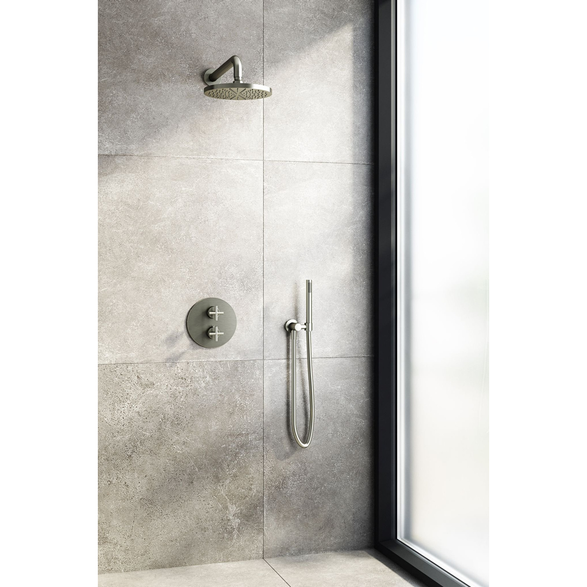 Hotbath Get together Douche pluie avec inverseur 2 voies avec douchette 3  jets et barre de douche 90cm et coude intégré Nickel brossé - IBS2RGN17 