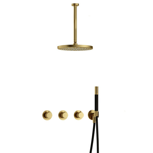 Hotbath Cobber X Regendoucheset IBSX70 | Geborsteld Messing PVD | Staaf handdouche | 30cm Hoofddouche | Plafondbuis 30cm | Handdouche met wandhouder HotBath Hotbath Cobber X Regendoucheset IBSX70 | Geborsteld Messing PVD | Staaf handdouche | 30cm Hoofddouche | Plafondbuis 30cm | Handdouche met wandhouder