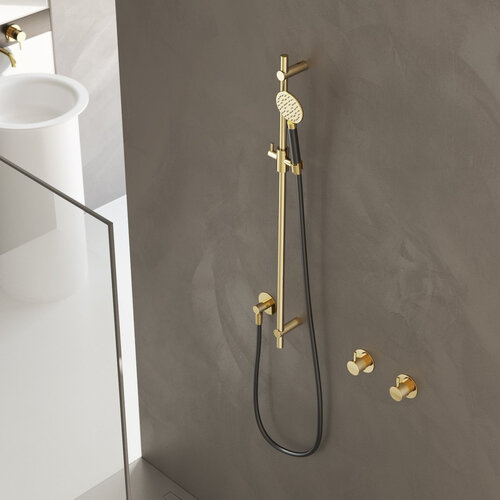 HotBath Cobber glijstang 90cm met wandaansluitbocht 150cm doucheslang en ronde handdouche koper Geborsteld PVD HotBath HotBath Cobber glijstang 90cm met wandaansluitbocht 150cm doucheslang en ronde handdouche koper Geborsteld PVD