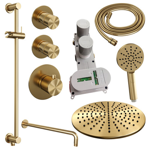 Brauer Brauer | Glad | 30cm | Gebogen wandarm | 3 standen handdouche | Met glijstang | Geborsteld goud PVD