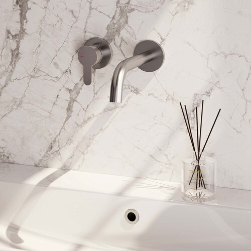 Brauer Brushed Edition inbouw wastafelmengkraan | Geborsteld RVS | Gebogen uitloop | Rozetten | Smal plat | Links Brauer Brauer Brushed Edition inbouw wastafelmengkraan | Geborsteld RVS | Gebogen uitloop | Rozetten | Smal plat | Links