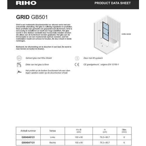 Riho Riho Grid badwand 80x150cm links zwart profiel en helder glas