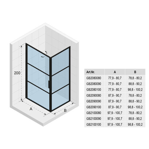 Riho Riho Grid douchecabine 80x90x200cm 1 draaideur zwart profiel en helder glas