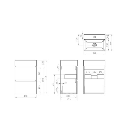 Xellanz Xellanz Mini onderkast met 2 laden 45 cm mat zwart en wastafel keramiek glans wit