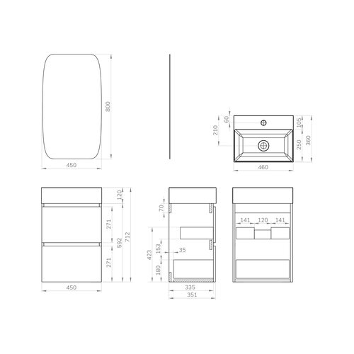 Xellanz Xellanz Mini onderkast met 2 laden mat zwart en wastafel keramiek glans wit 45 cm inclusief spiegel