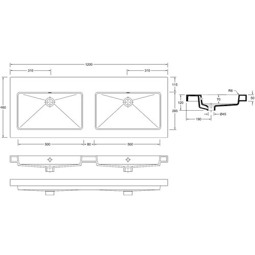 Wiesbaden Wiesbaden Kera wastafel dubbel zonder kraangat 120x46x5cm keramiek | Glans wit