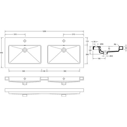 Wiesbaden Wiesbaden Kera wastafel dubbel met 2 kraangaten 120x46x5cm keramiek | Glans wit