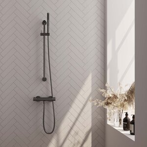 BRAUER Gunmetal Carving opbouw douche thermostaatkraan met glijstang en staaf handdouche en doucheslang gunmetal geborsteld PVD