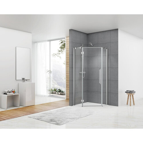 Van Rijn Products Van Rijn Products ST05 Vijfhoek cabine 87-89x200cm helder clear glas 8 mm, chroom stabilisatiestang over glas + greep.