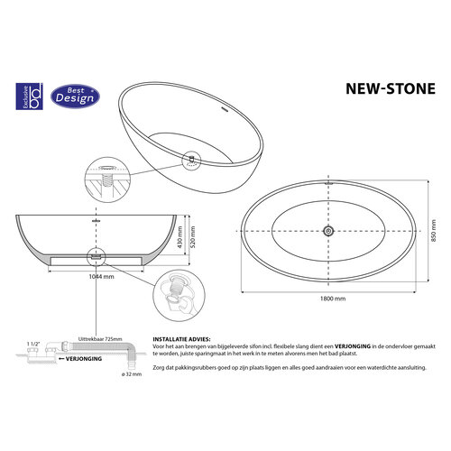Best-Design New Stone vrijstaand bad 180x85x52cm solid surface met overloop sandstone