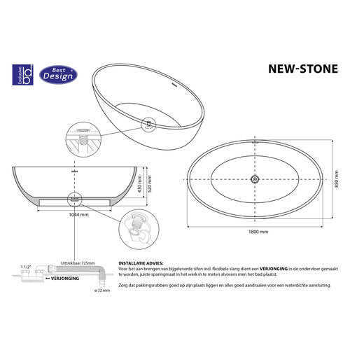 Best-Design New Stone vrijstaand bad 180x90x58cm solid surface met overloop lava