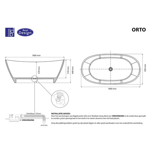 Best-Design Orto vrijstaand bad 180x85x64cm inclusief sifon solid surface Mat wit