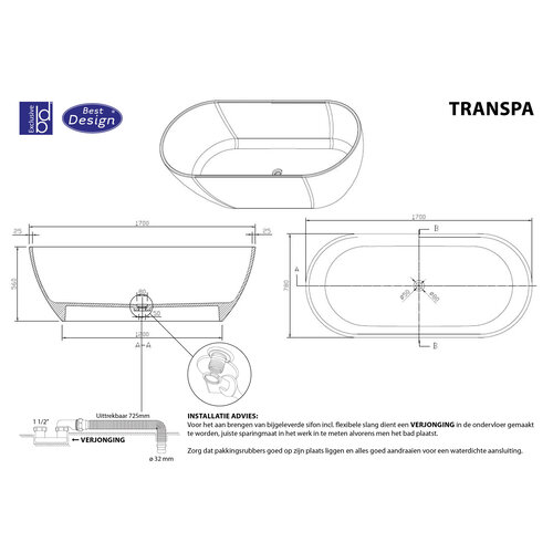 Best-Design Color Transpa Clear vrijstaand bad 170x78x56cm