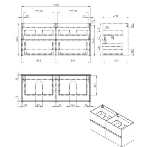 Best-Design Bora Black Greeploos meubel onderkast 4 laden zonder wastafel 120 cm mat zwart
