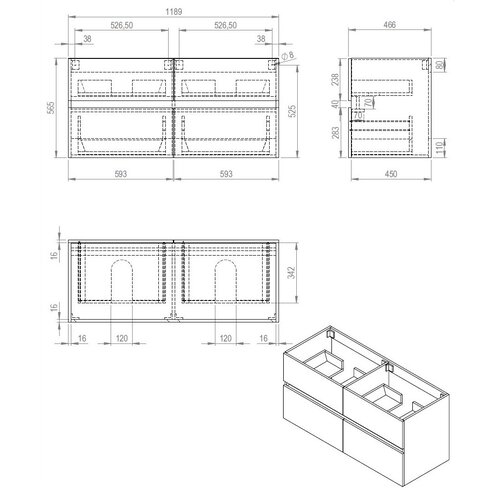 Best-Design Bora Greeploos meubel onderkast 4 laden zonder wastafel 120 cm glans wit