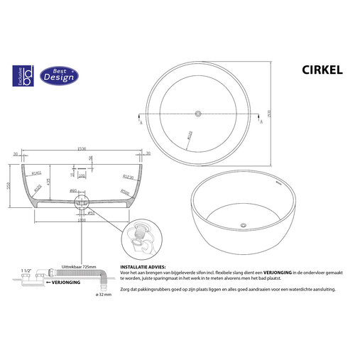 Best-Design Cirkel vrijstaand bad Just Solid diam:153 cm