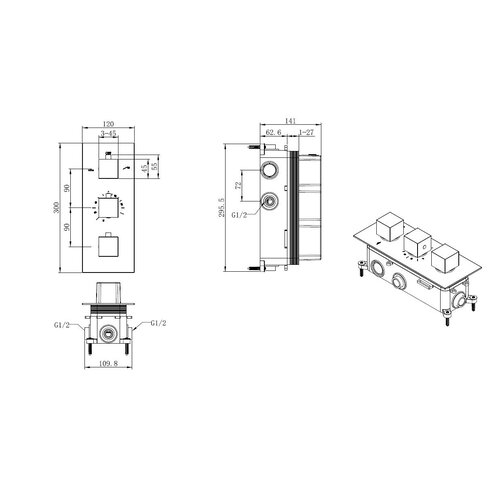 Best-Design Sano inbouw thermostaat & Inb.box 3 functies 1/2 vierkante knoppen