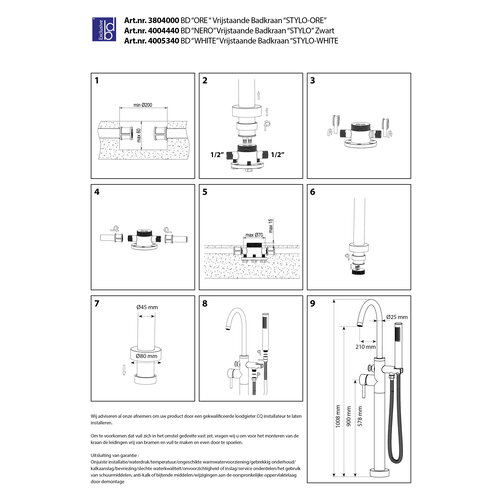 Best-Design Stylo Ore RVS 304 vrijstaande badkraan H100cm RVS