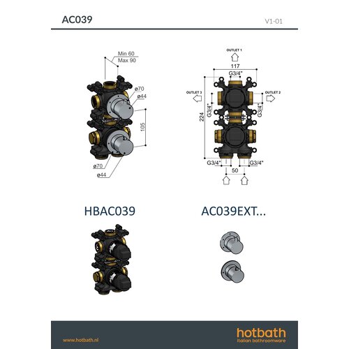 Hotbath Afbouwdeel - Inbouw thermostaat met 3-weg stop-omstel Geborsteld Zwart PVD AC039EXTMBP HotBath Hotbath Afbouwdeel - Inbouw thermostaat met 3-weg stop-omstel Geborsteld Zwart PVD AC039EXTMBP