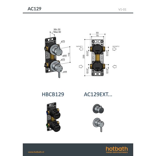 Hotbath Afbouwdeel mengkraan met 2-weg omstel Gepolijst Zwart PVD AC129EXTPBP HotBath Hotbath Afbouwdeel mengkraan met 2-weg omstel Gepolijst Zwart PVD AC129EXTPBP
