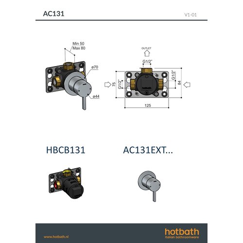 Hotbath Afbouwdeel - Inbouw douchemengkraan Geborsteld Messing PVD AC131EXTBBP HotBath Hotbath Afbouwdeel - Inbouw douchemengkraan Geborsteld Messing PVD AC131EXTBBP