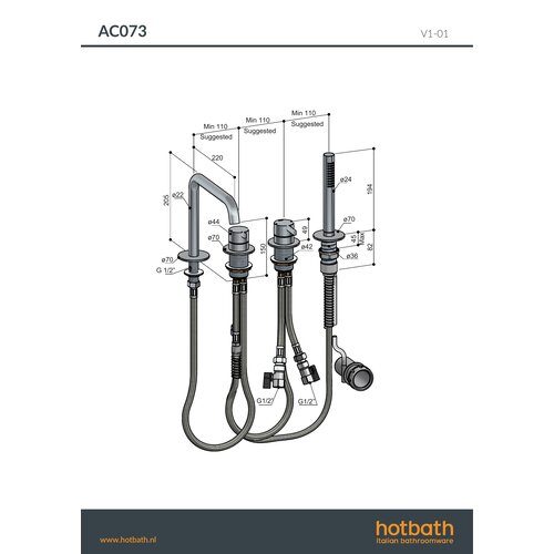 Hotbath Badrandcombinatie eenhendel mengkraan met 2-weg omstel incl. handdouche en uitloop Gepolijst Zwart PVD AC073PBP HotBath Hotbath Badrandcombinatie eenhendel mengkraan met 2-weg omstel incl. handdouche en uitloop Gepolijst Zwart PVD AC073PBP