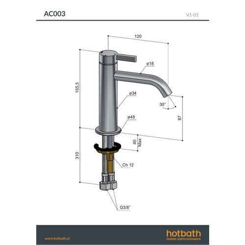 HotBath Hotbath Wastafelmengkraan zonder waste Chroom AC003CR