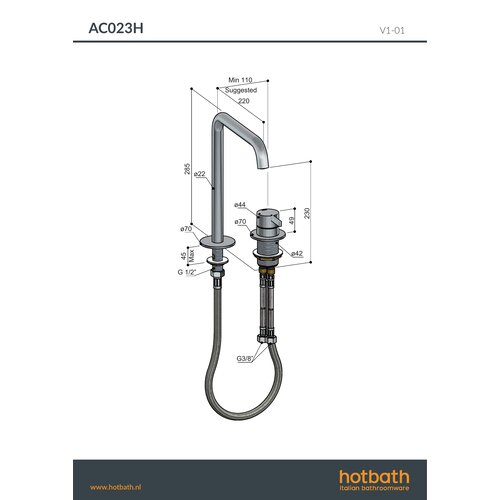 HotBath Hotbath Wastafelmengkraan 2-gats Hoog model met draaibare uitloop, zonder waste Geborsteld Nikkel AC023HGN