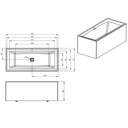 Riho Still Square Plug&Play halfvrijstaand bad | 170x75cm | links | Zonder badvulcombinatie Riho Riho Still Square Plug&Play halfvrijstaand bad | 170x75cm | links | Zonder badvulcombinatie