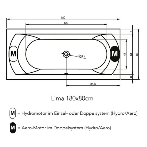 Riho Riho Lima Easypool 3.1 whirlpool inbouw | 180x80cm | Elektrisch