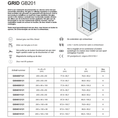 Riho Grid GB201 douchecabine zij-instap | 80x90cm Riho Riho Grid GB201 douchecabine zij-instap | 80x90cm