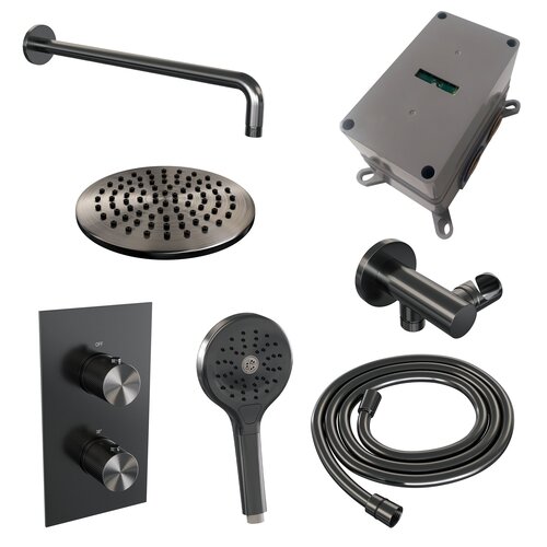 Brauer Gunmetal Carving thermostatische inbouw regendouche | Geborsteld gunmetal PVD | 20 cm | Nee | Gebogen wandarm | Ronde Handdouche Brauer Brauer Gunmetal Carving thermostatische inbouw regendouche | Geborsteld gunmetal PVD | 20 cm | Nee | Gebogen wandarm | Ronde Handdouche