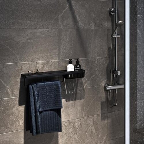 Geesa Frame planchet met handdoekhouder en douchemand zwart Geesa Geesa Frame planchet met handdoekhouder en douchemand zwart