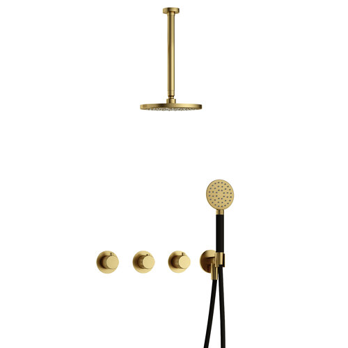 Hotbath Cobber X IBSX70 inbouw doucheset - ronde handdouche - 25cm hoofddouche - 30cm plafondbuis - wandhouder - geborsteld messing pvd HotBath Hotbath Cobber X IBSX70 inbouw doucheset - ronde handdouche - 25cm hoofddouche - 30cm plafondbuis - wandhouder - geborsteld messing pvd