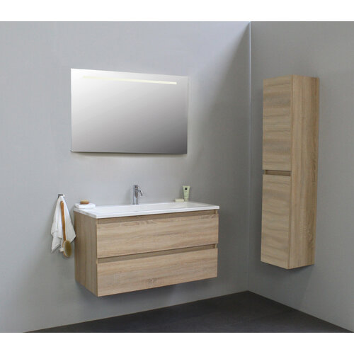 Solidline badkamermeubelset | 100cm | Acryl | Wit | 1 | Eiken | Spiegel met LED verlichting | Bouwpakket Solidline Solidline badkamermeubelset | 100cm | Acryl | Wit | 1 | Eiken | Spiegel met LED verlichting | Bouwpakket