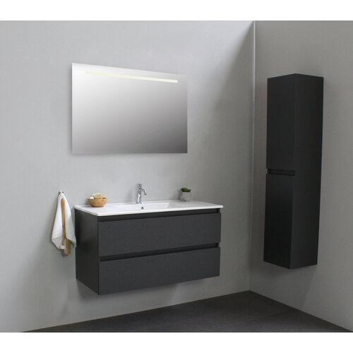 Solidline Solidline badkamermeubelset | 100cm | Keramiek | Wit | 1 | Mat antraciet | Spiegel met LED verlichting | Bouwpakket