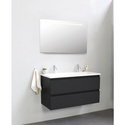 Solidline badkamermeubelset | 100cm | Acryl | Wit | 2 | Mat zwart | Spiegel met LED verlichting | Bouwpakket Solidline Solidline badkamermeubelset | 100cm | Acryl | Wit | 2 | Mat zwart | Spiegel met LED verlichting | Bouwpakket