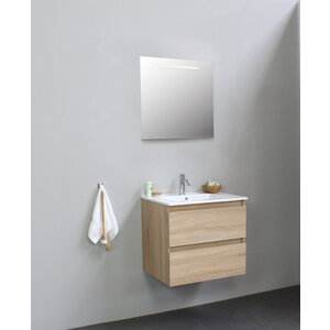 Solidline badkamermeubelset | 60cm | Keramiek | Wit | 1 | Eiken | Spiegel met LED verlichting | Bouwpakket