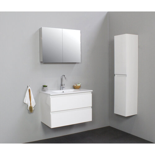 Solidline badkamermeubelset | 80cm | Keramiek | Wit | 1 | Hoogglans wit | Met spiegelkast | Bouwpakket Solidline Solidline badkamermeubelset | 80cm | Keramiek | Wit | 1 | Hoogglans wit | Met spiegelkast | Bouwpakket