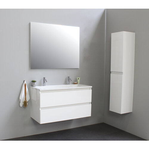 Solidline Solidline badkamermeubelset | 100cm | Acryl | Wit | 2 | Hoogglans wit | Standaard spiegel | Geassembleerd